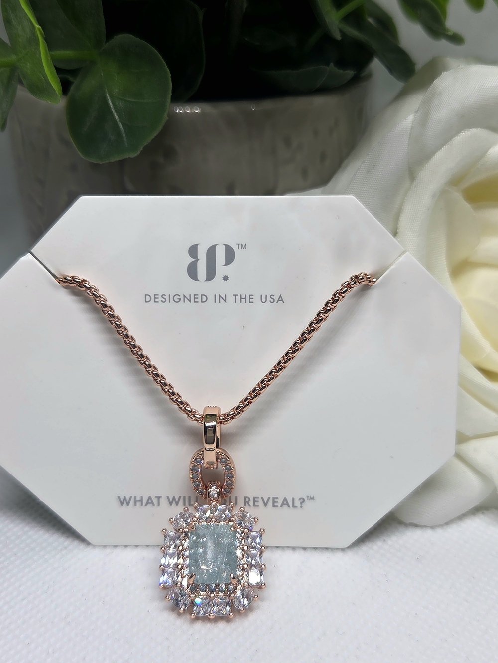 BP Light Aqua Ice Crystal Halo Pendant On Rose Gold Plating
